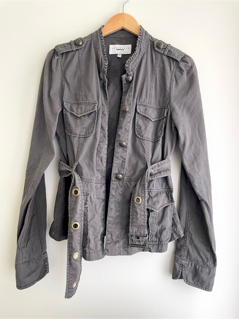 Sanctuary 100% Cotton Washed Gray Utility Jacket with Belted Waist Ruffle Collar